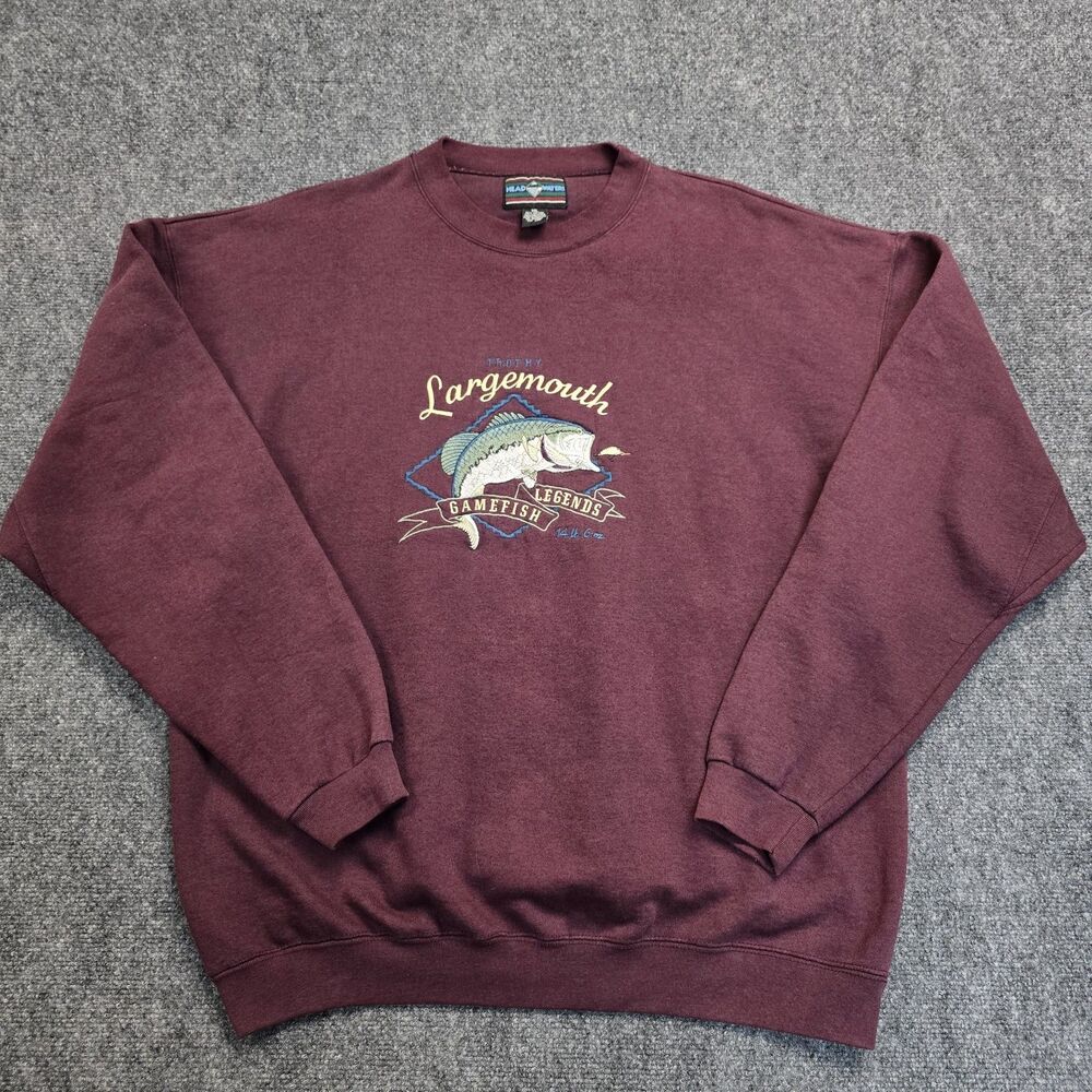 Vintage 90s Head Waters Largemouth Bass Legends Fishing Maroon Sweatshirt Sz 2XL
